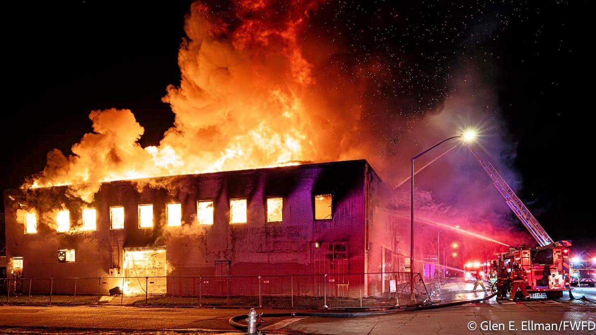 A one-alarm blaze burns early Saturday, Jan. 11 at a warehouse in the 700 block of North Main Street.