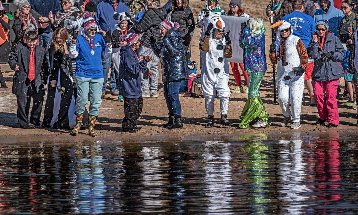 The fourth edition of the Goosebump Jump in Granbury, Texas, Saturday, Jan. 20, 2024, included dancing the Hokey Pokey on the sandy shores of City Beach Park.