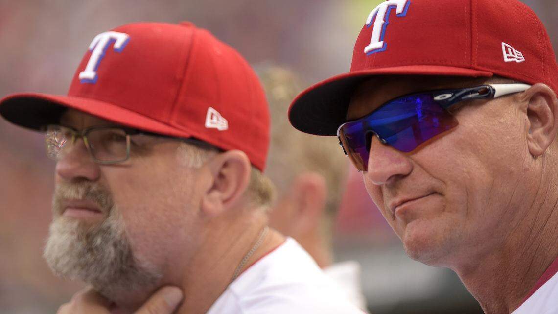 Doug Brocail, left, isn’t returning to the 2019 Rangers under new manager Chris Woodward, who was hired Nov. 2 to replace Jeff Banister, right.
