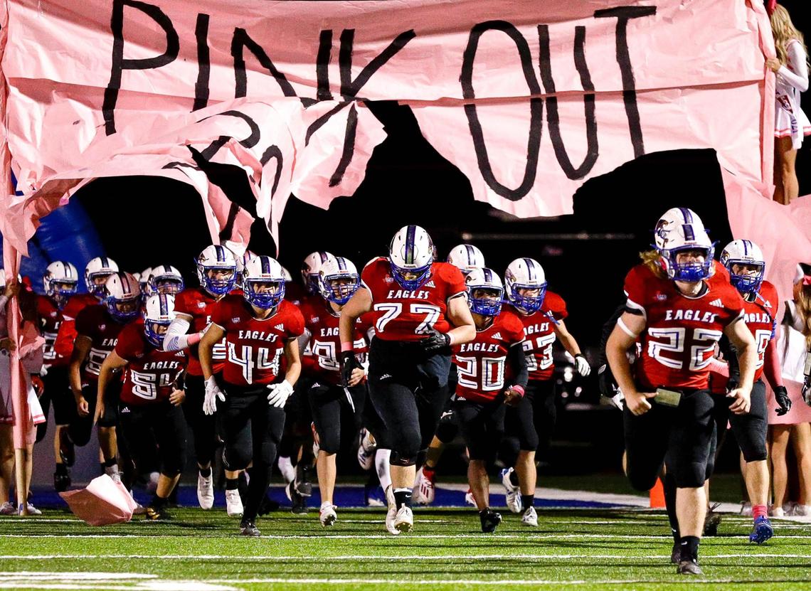 The Lake Country Christian Eagles enter the field to face Colleyville Covenant Christian Academy Cougars in a high school football game, October 30, 2020 played at Lake Country Christian School in Fort Worth, Tx. (Steve Nurenberg Special to the Star-Telegram)