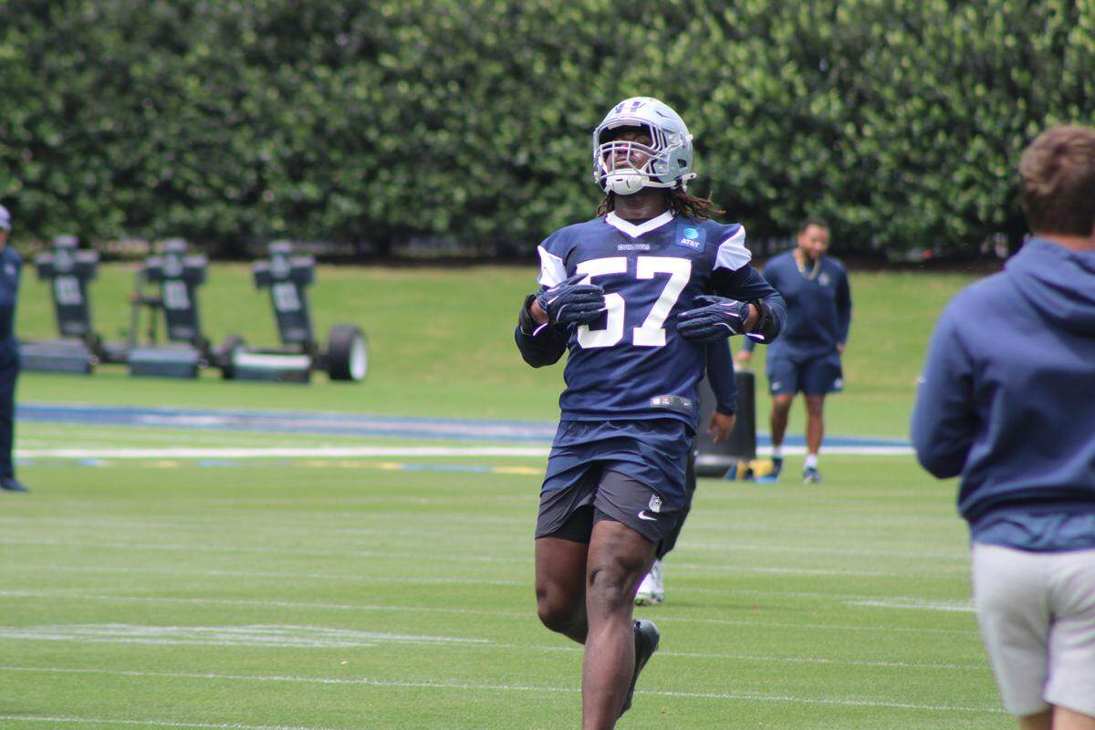 Dallas Cowboys rookie outside linebacker Malachi Lawrence takes part in his first practice in the NFL during the team’s rookie minicamp at The Star in Frisco, Texas.