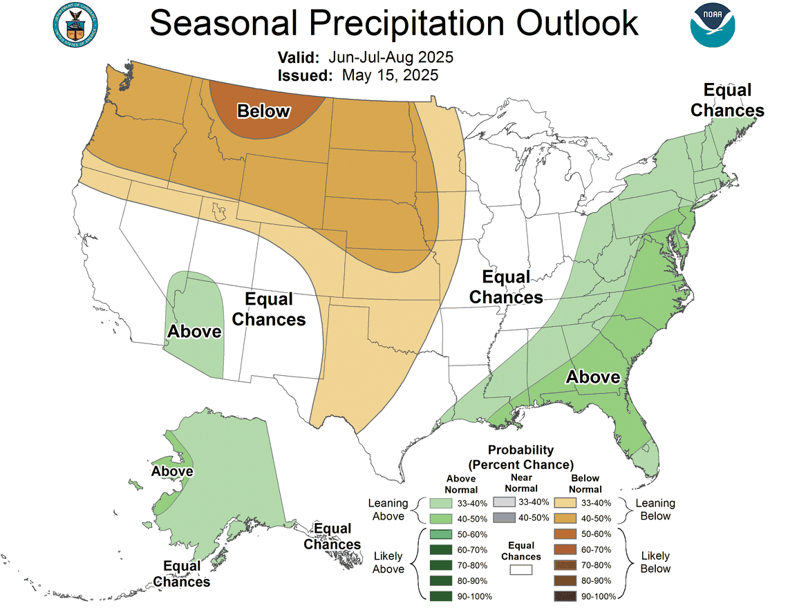 The seasonal precipitation outlook for the country from June through August.