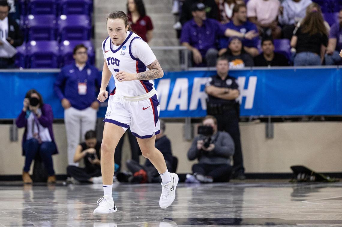 TCU guard Madison Conner (3) runs back on defense after hitting a three-point shot in the first half of the first round of the Women’s NCAA Championships Tournament game between TCU and Fairleigh Dickinson at Schollmaier Arena in Fort Worth on Friday, March 21, 2025.