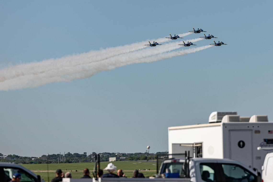 The Blue Angels begin a formation before landing during the ‘Wings over Cowtown’ Blue Angels airshow media day at the Naval Air Station Joint Reserve Base in Fort Worth on Thursday, April 11, 2024.