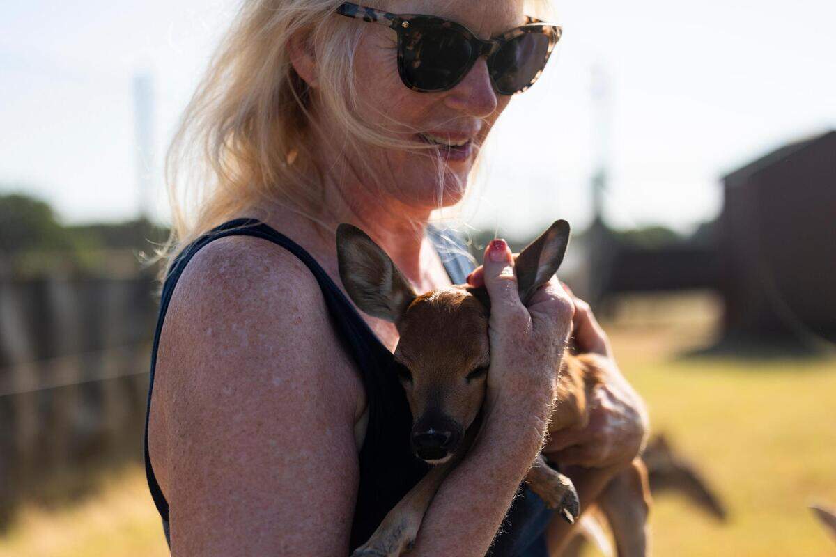 Ranch manager Maree Lou Williams holds a day-old fawn Thursday, July 7, 2022, at RW Trophy Ranch in North Texas.