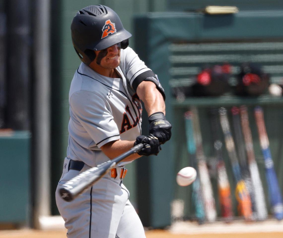 Aledo third baseman Blake Burdine (6) connects for a single during the UIL baseball regional final 5A D1 playoff game at Hawk Baseball Field in North Richland Hills, Texas, Thursday, May 22, 2025.