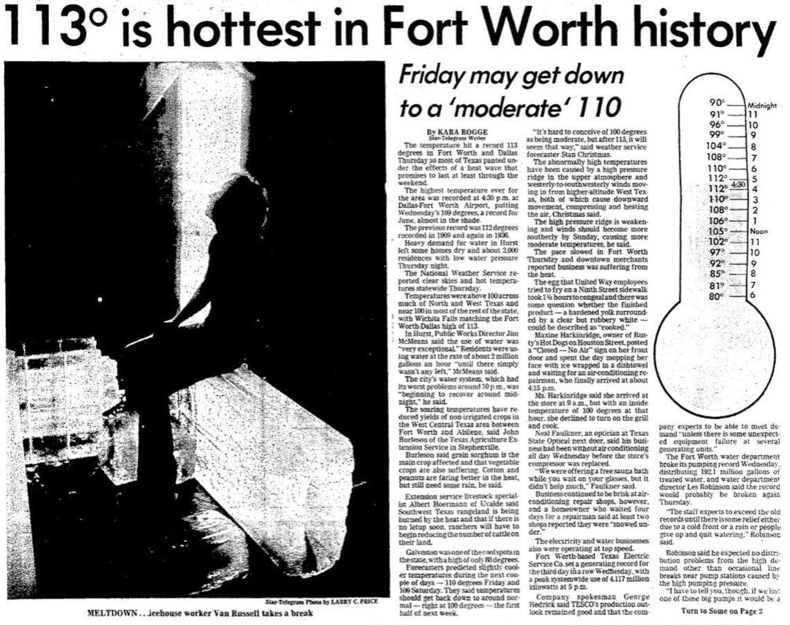 The 113-degree reading at DFW Airport on June 26-27, 1980, is the local record. It was 119 degrees in Weatherford.