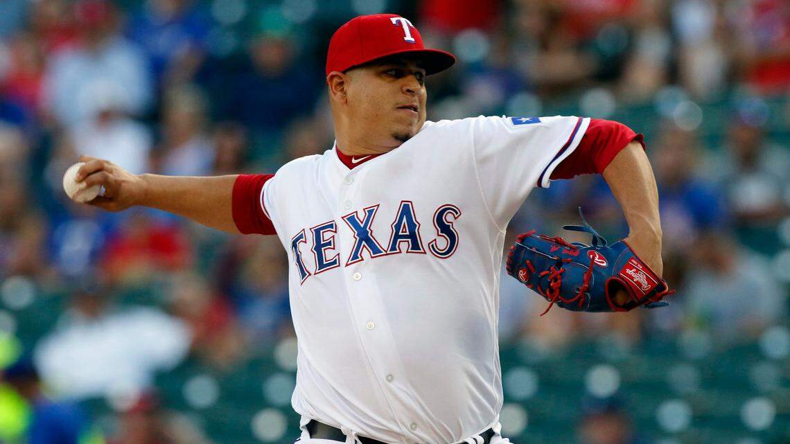 Rangers starting pitcher Ariel Jurado works in the first inning. Jurado’s parents saw him pitch in the majors for the first time tonight. They came from Panama to watch the game. The Kansas City Royals play the Texas Rangers at Globe Life Park Friday, May 31.