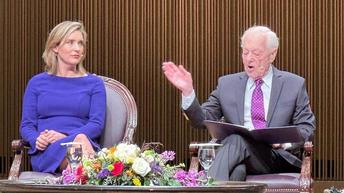 Margaret Brennan, moderator of CBS News’ ”Face the Nation,” with retired CBS newsman Bob Schieffer at the Schieffer Symposium on Tuesday.