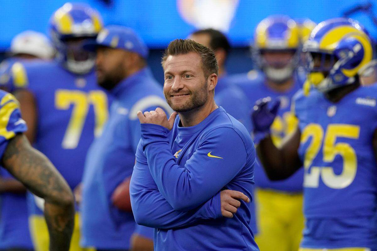 Los Angeles Rams head coach Sean McVay watches warm ups before the NFC Championship NFL football game against the San Francisco 49ers Sunday, Jan. 30, 2022, in Inglewood, Calif. (AP Photo/Mark J. Terrill)