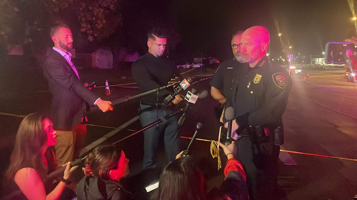 Fort Worth Police Chief Neil Noakes speaks to reporters near the scene of a drive-by shooting that wounded six people outside apartments on Las Vegas Trail in west Fort Worth on Wednesday night, May 1, 2024. The youngest victim is 3 years old and the oldest is 19.