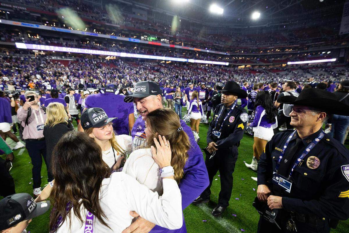 TCU head coach Sonny Dykes celebrates with his family after defeating Michigan at the Vrbo Fiesta Bowl at State Farm Stadium in Glendale, Ariz., on Saturday, December 31, 2022.