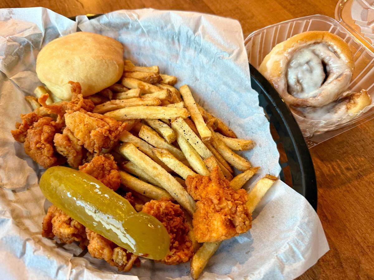 Mary Sue’s Hot Chicken & Dough near AT&T Stadium in Arlington, Texas, specializes in spicy or Nashville hot chicken “tender bites” or sandwiches, with housemade yeast rolls and cinnamon rolls.