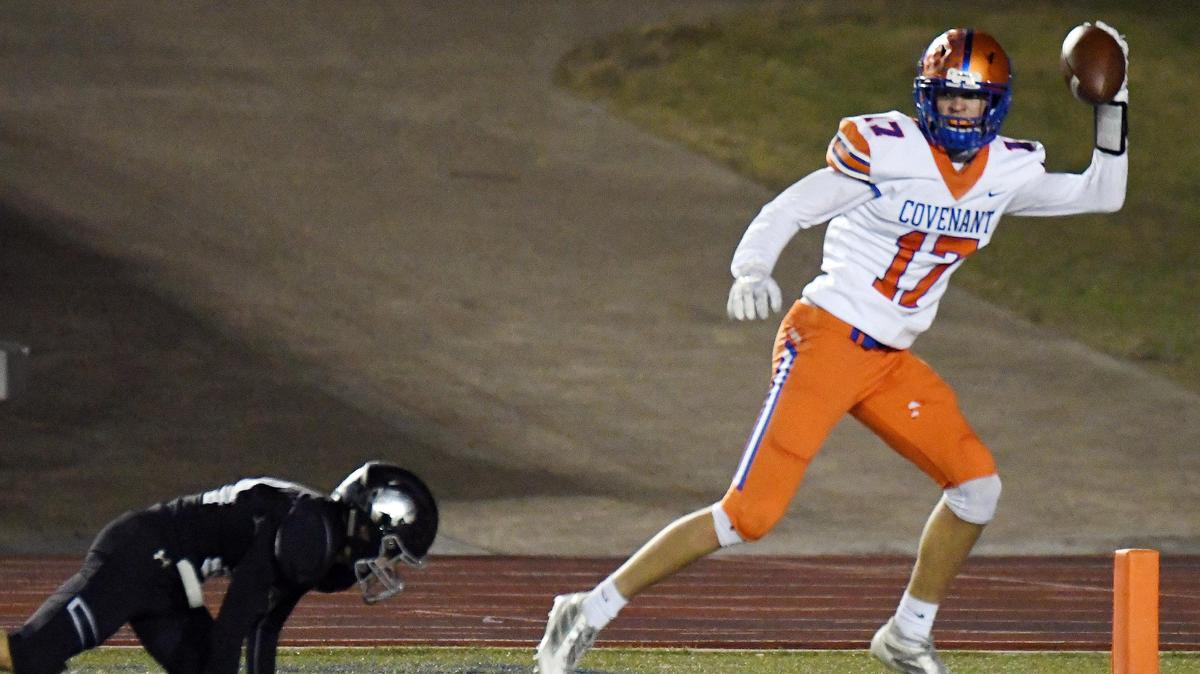 Covenant receiver Austin Scheets, right celebrates catching a pass in the endzone deflected by Pantego’s Brett McBroom the gave Covenant a 21-0 lead in the second quarter during Friday’s November 22, 2019 play-off football game at Farrington Field in Fort Worth, Texas. Special/Bob Haynes