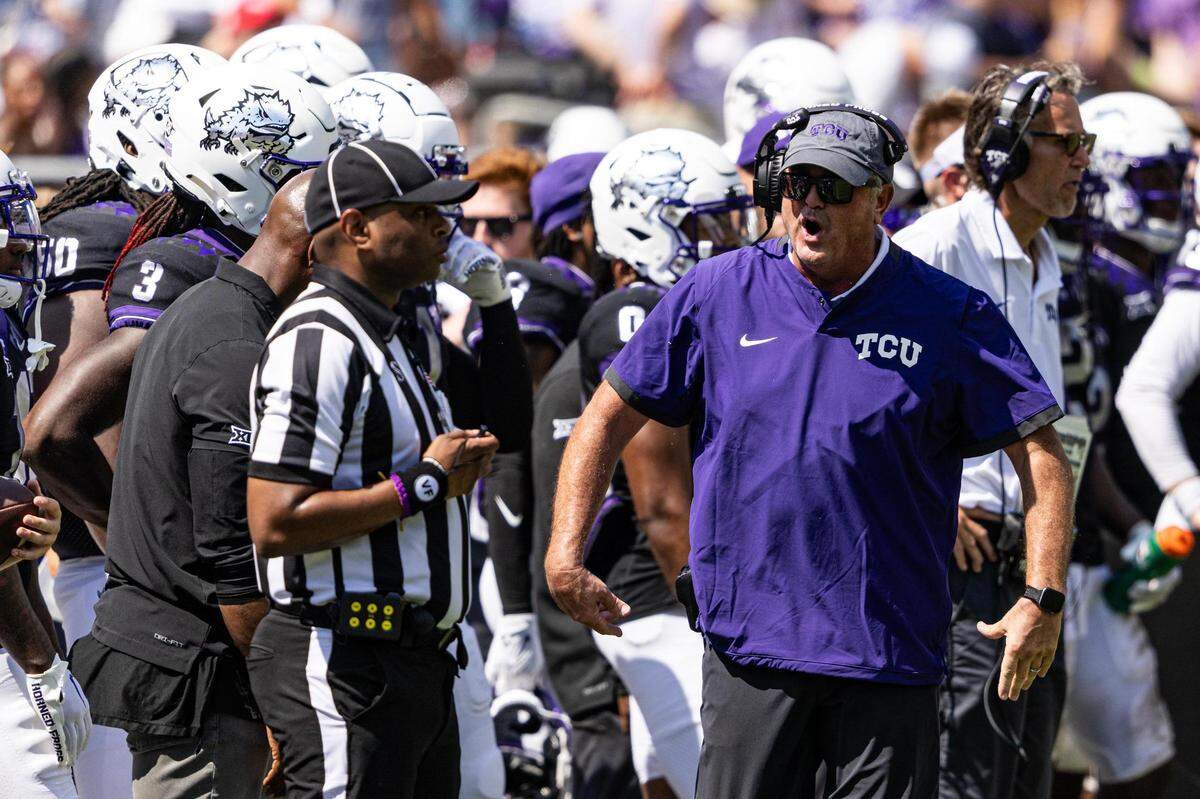 TCU Head Coach Sonny Dykes chirps at the referee after a missed call in the second half of a college football game between the TCU Horned Frogs and the SMU Mustangs at Amon G. Carter Stadium in Fort Worth on Saturday, Sept. 23, 2023.