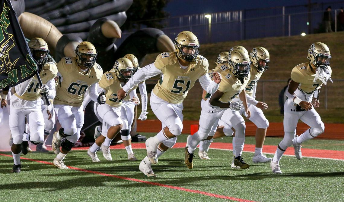 The Birdville Hawks enter the field to face the Colleyville Heritage Panthers Friday night, November 1 2019 played at Mustang Panther Stadium in Grapevine, TX.