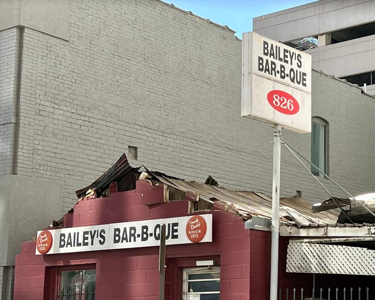 Bailey’s Bar-B-Que lost a layer of metal roof in high winds March 2, 2023.