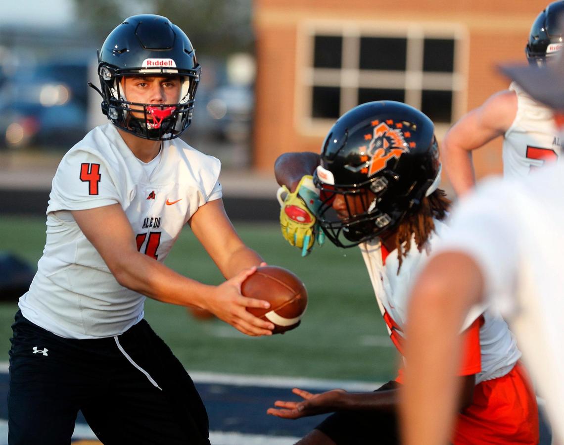 Aledo quarterback Ethan McBrayer runs drills during football practice at Bearcat Stadium in Aledo, Monday Sept. 07, 2020. The morning high for the first helmet practice was 75. (Special to the Star-Telegram Bob Booth)
