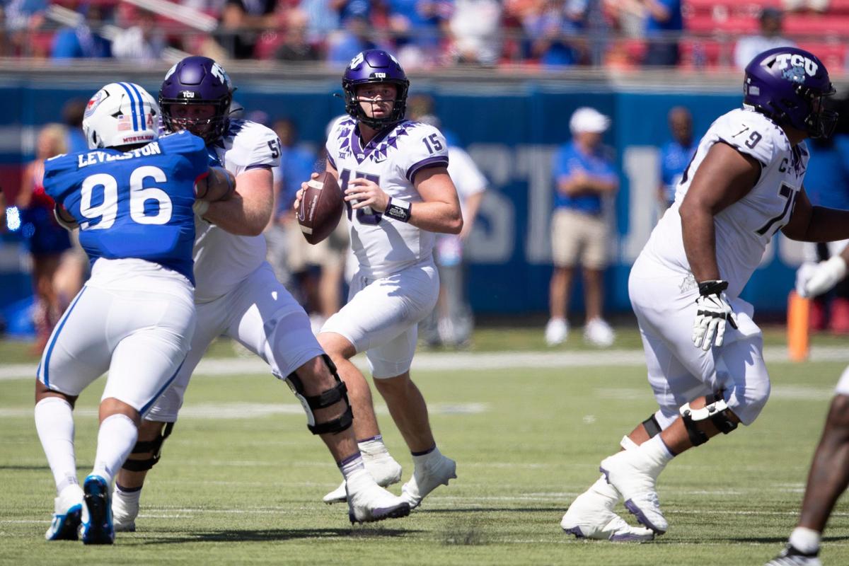 TCU quarterback Max Duggan looks to throw on Saturday, Sept. 24, 2022, at the Gerald Ford Stadium in the Southern Methodist University in Dallas, Texas.