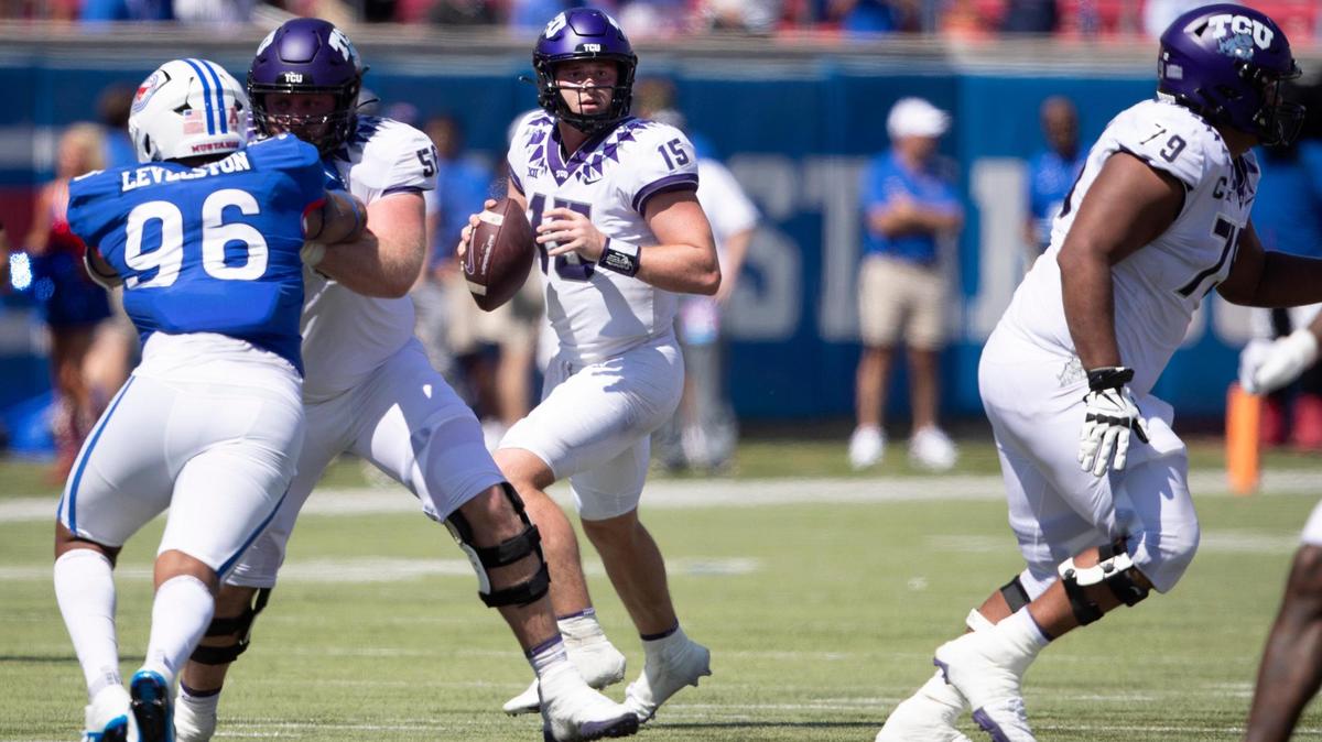 TCU quarterback Max Duggan looks to throw on Saturday, Sept. 24, 2022, at the Gerald Ford Stadium in the Southern Methodist University in Dallas, Texas. Duggan never thought about leaving TCU despite losing the QB battle.