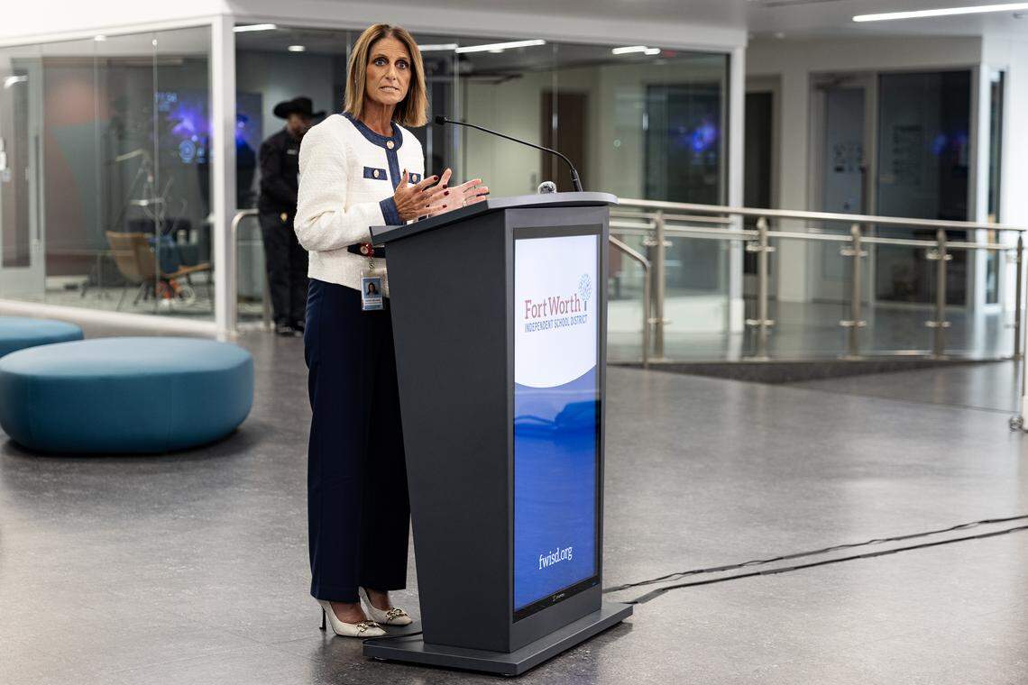 Karen Molinar, the superintendent of Fort Worth ISD, speaks to the media at the school district’s administration building on Thursday, Oct. 23, 2025, after the Texas Education Agency announced an upcoming state takeover of the district. The decision comes after one campus received five consecutive failure ratings.
