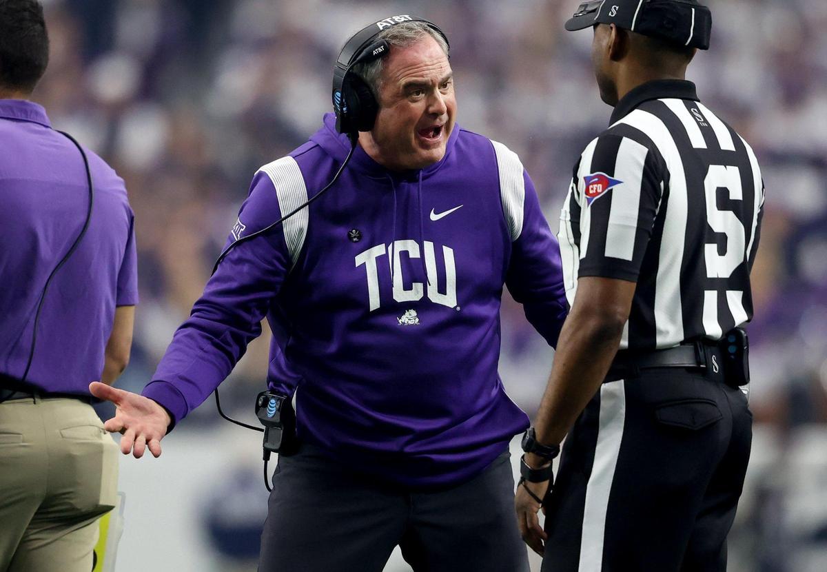 TCU head coach Sonny Dykes yells at the referee during the first half of the Vrbo Fiesta Bowl at State Farm Stadium in Glendale, Ariz., on Saturday, December 31, 2022.