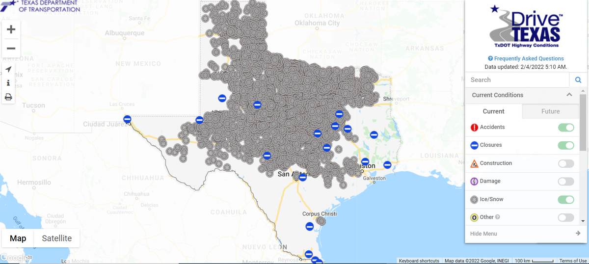 Most of Texas by Friday morning was reporting icy and snow-filled roads, according to DriveTexas, which provides updates to highway conditions from TxDOT.&nbsp;