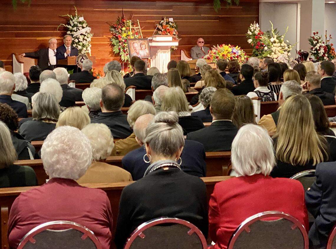 Mourners listen as Gov. Greg Abbott tells the crowd at Rich White’s funeral Jan. 2, 2020, at Western Hills Church of Christ. White, 67, was killed at West Freeway Church of Christ Dec. 29, 2019.