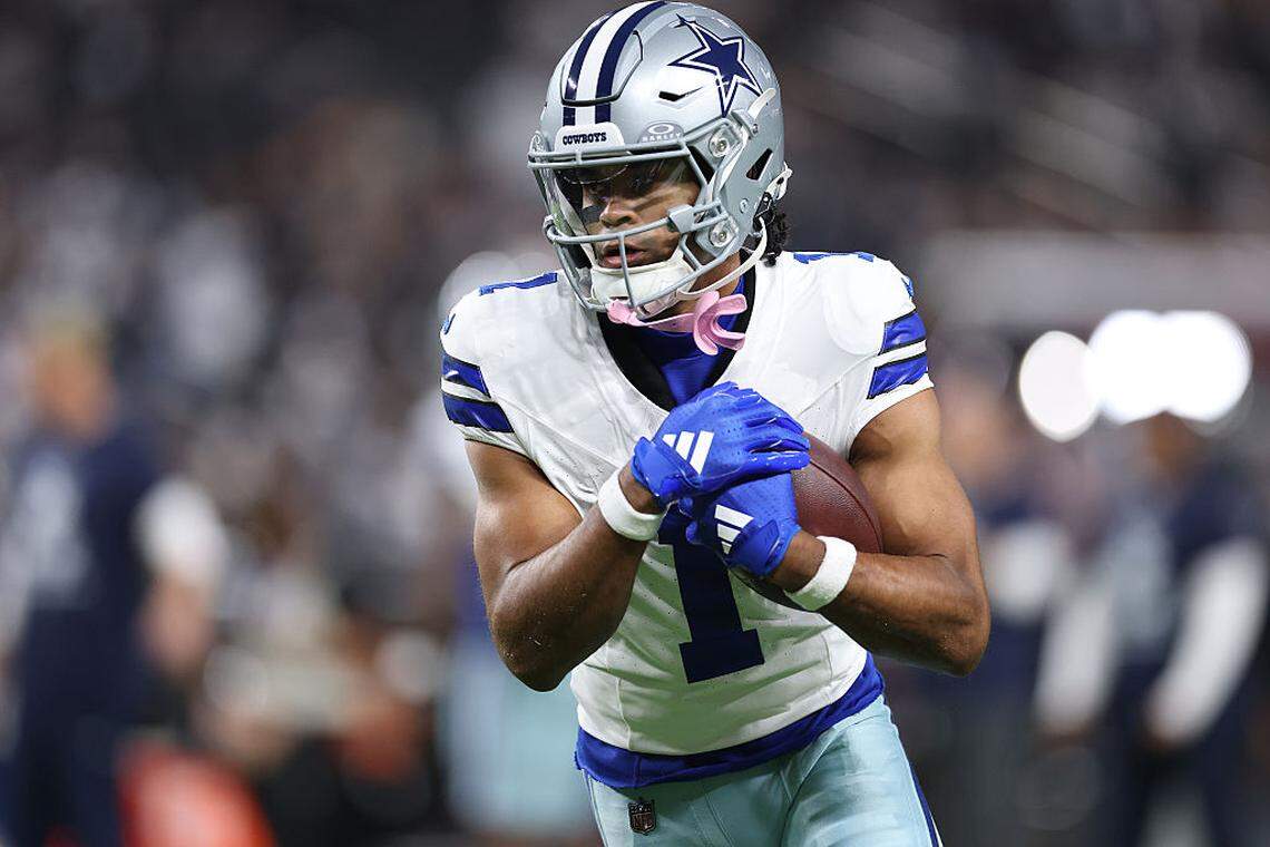 LAS VEGAS, NEVADA - NOVEMBER 17: Jalen Tolbert #1 of the Dallas Cowboys warms up during the game against the Las Vegas Raiders at Allegiant Stadium on November 17, 2025 in Las Vegas, Nevada. (Photo by Christian Petersen/Getty Images)
