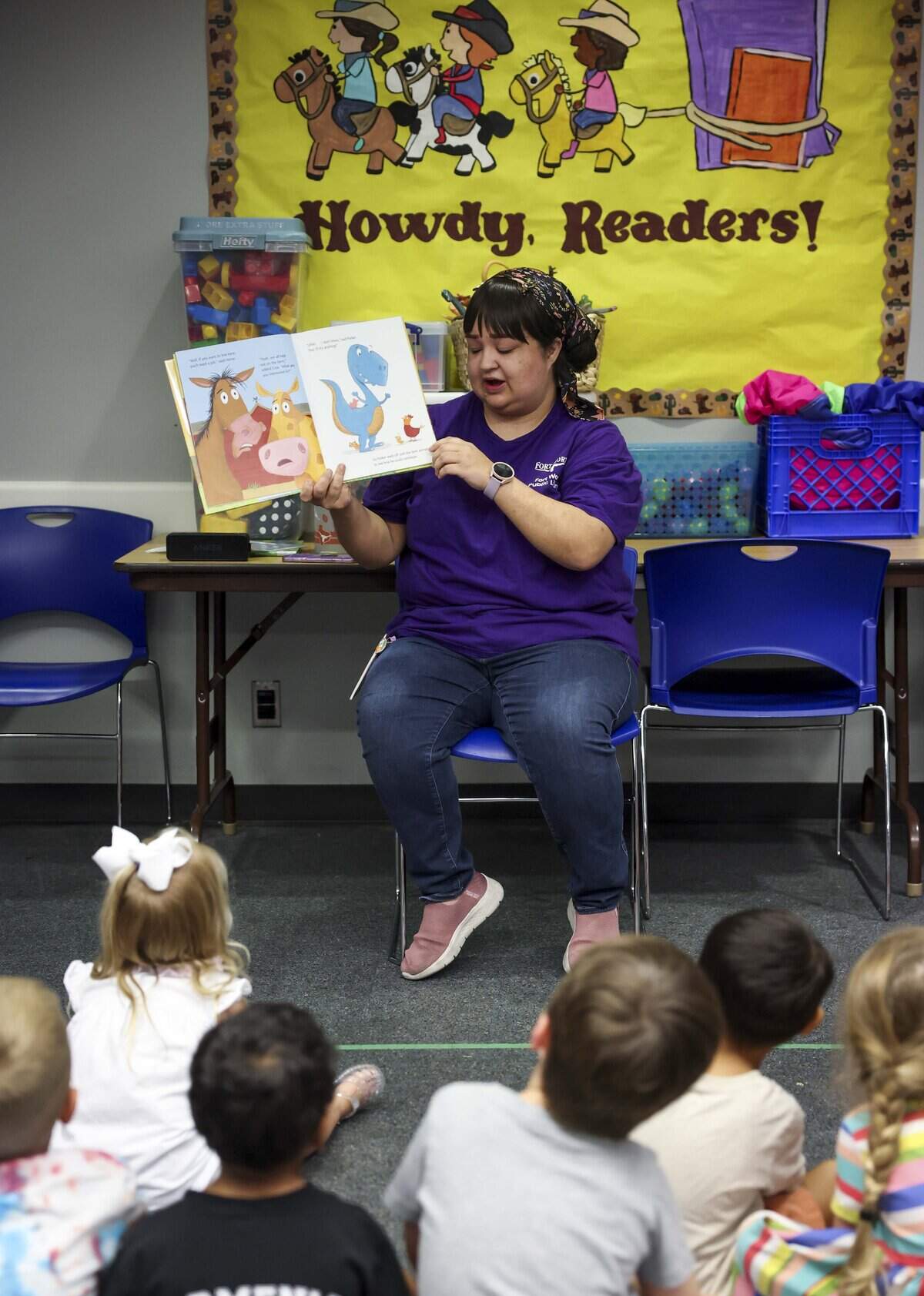 Youth Library Assistant Julia Ornelas Glowacz leads the Music and Movement class at the Southwest Regional Library on Thursday, July 9, 2026 in Fort Worth. The program designed for 3 to 5 year olds usually takes place from 10:30 to 11:15 a.m. on Thursdays.