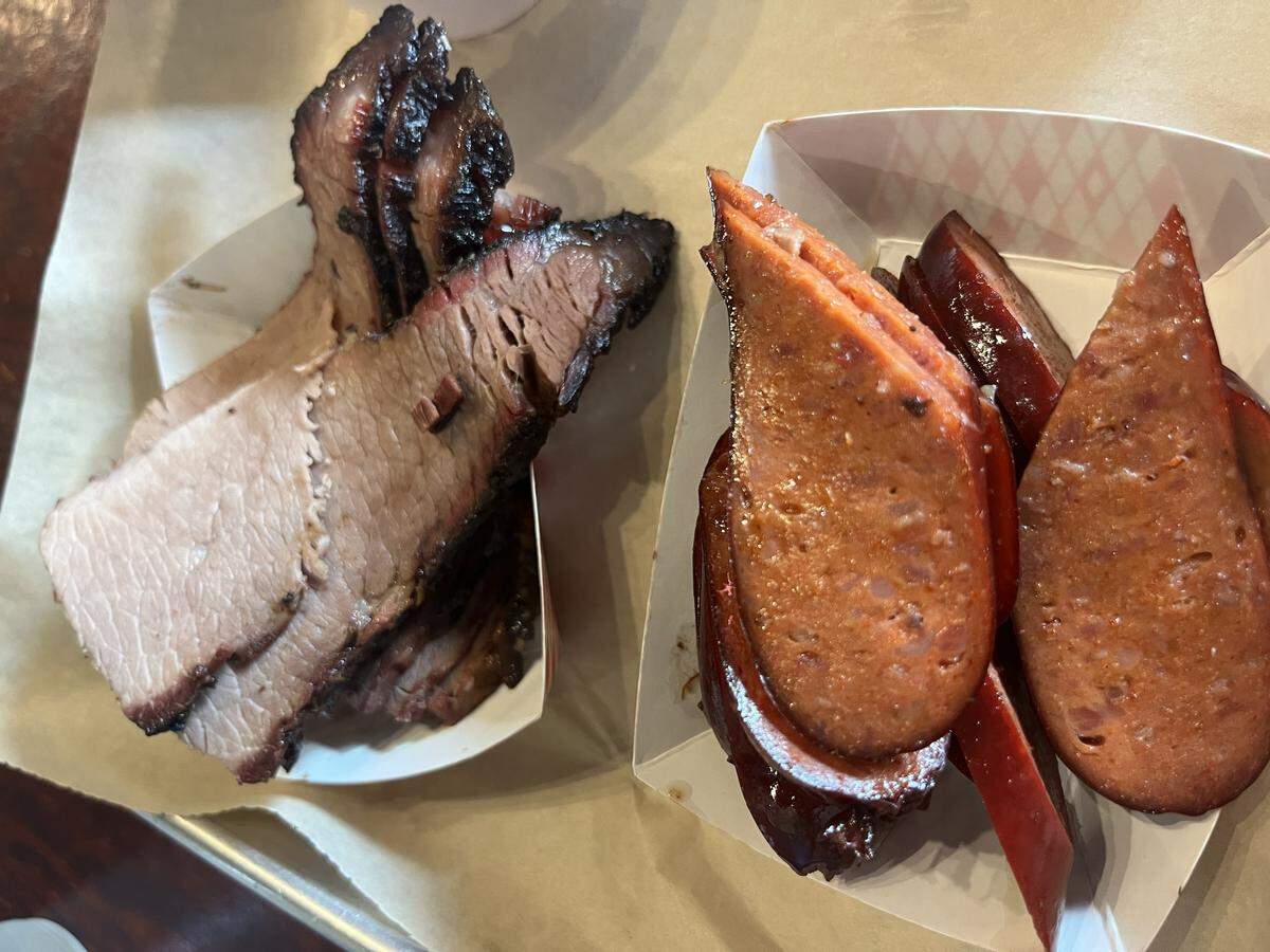 Brisket and hot links from Woody Creek Bar-B-Q in west Fort Worth.