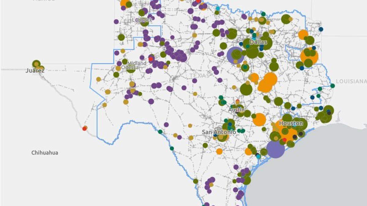 Here is a map of all Texas electric generating power plants along with Texas’ (ERCOT) power grid. The power plants are color-coded by primary fuel types. 