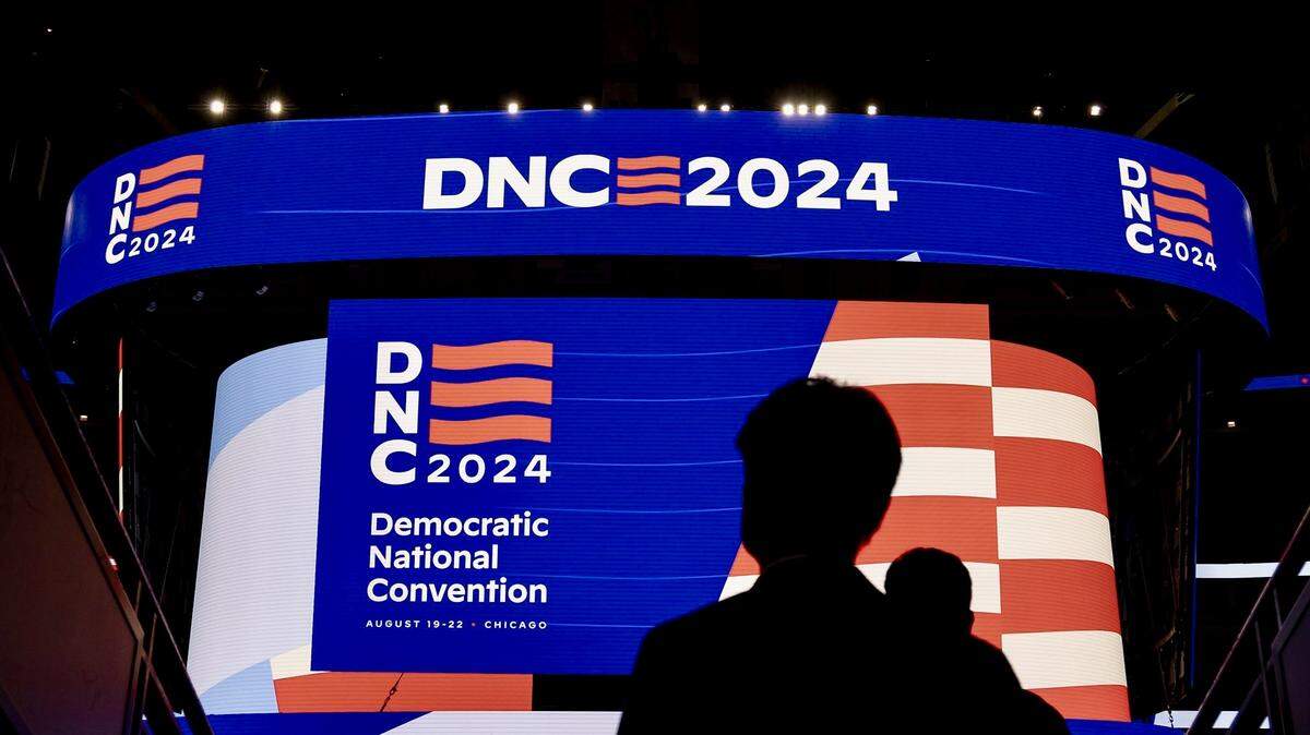 Signage is displayed during a walkthrough of the Democratic National Convention on May 22, 2024, at the United Center. Here’s what song was played for Illinois in the roll call ceremonial vote.