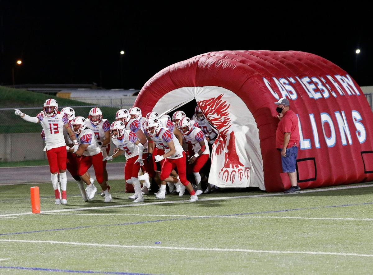 The Castleberry Lions take the field for the second quarter of a high school football game at Clark Stadium in Fort Worth, Texas, Friday, Sept. 18, 2020. (Special to the Star-Telegram Bob Booth)
