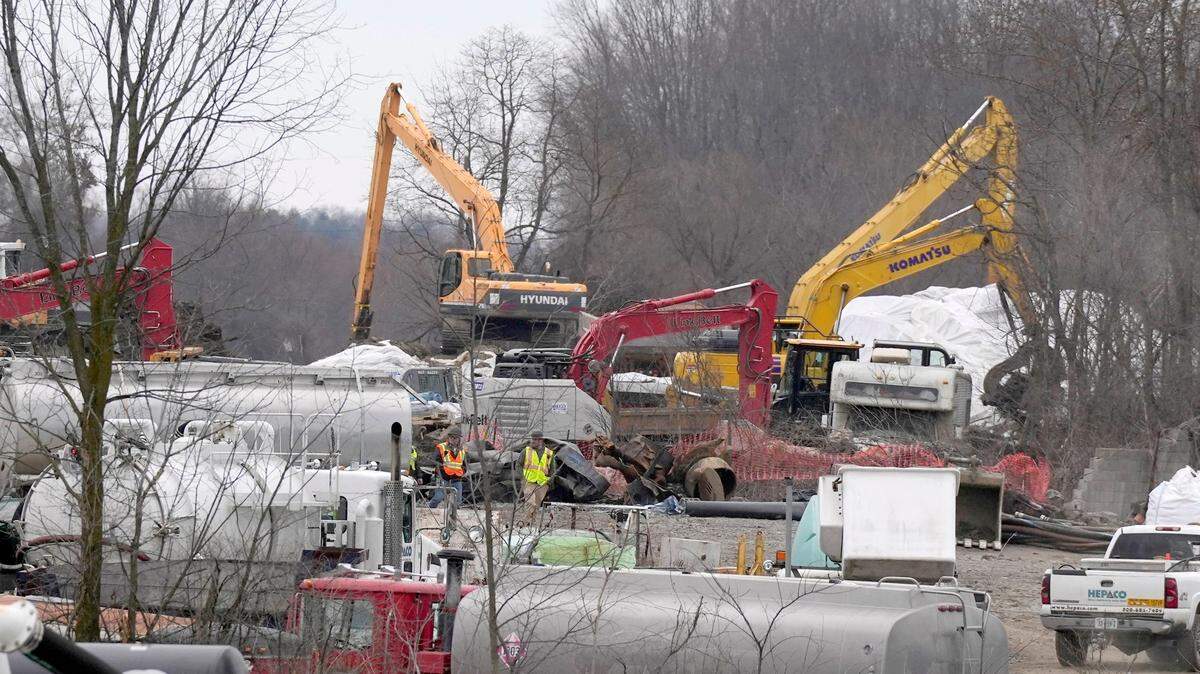 Construction and clean up in March in East Palestine, Ohio, where a train derailed on Feb. 3 and spilled more than 100,000 gallons of toxic chemicals into the air.