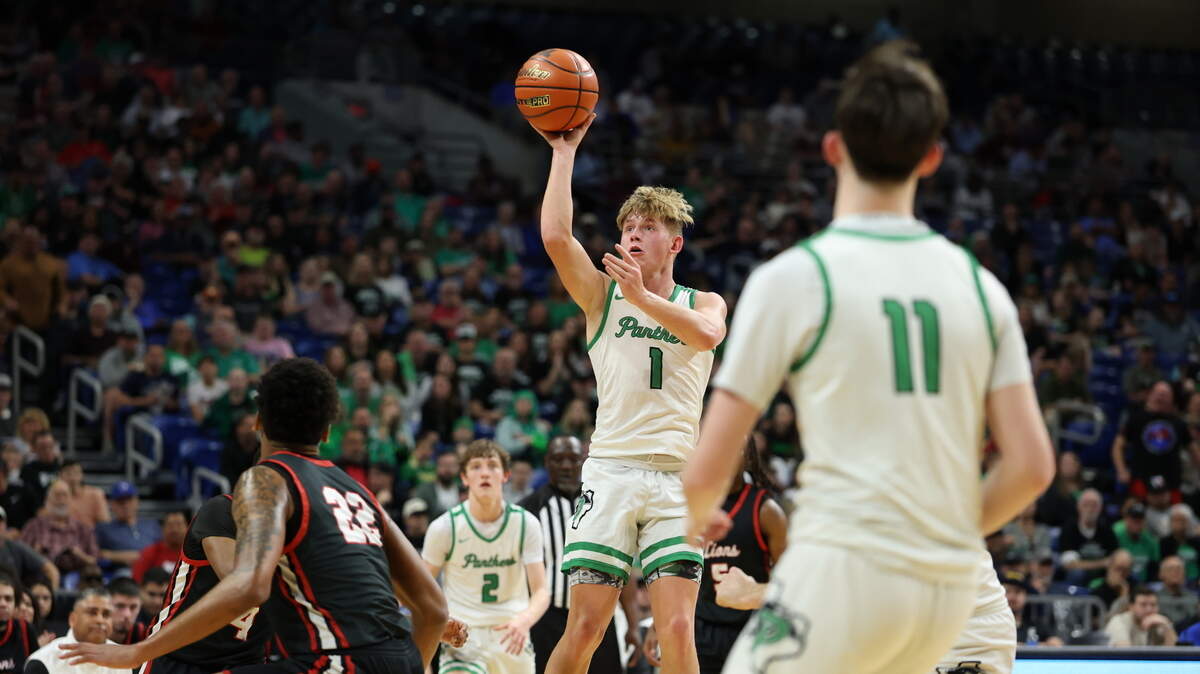 Paradise senior Ayden Winters puts up a shot over the Kountze defense in the Class 3A Division 2 state championship at the Alamodome in San Antonio on Friday, March 7, 2025.