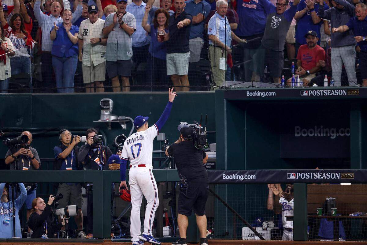 Texas Rangers starting pitcher Nathan Eovaldi returns for a curtain call against the Baltimore Orioles in Game 3 of the ALDS on Tuesday, October 10, 2023, at Globe Life Field in Arlington.
