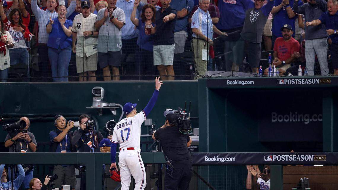 Texas Rangers starting pitcher Nathan Eovaldi returns for a curtain call against the Baltimore Orioles in Game 3 of the ALDS on Tuesday at Globe Life Field.