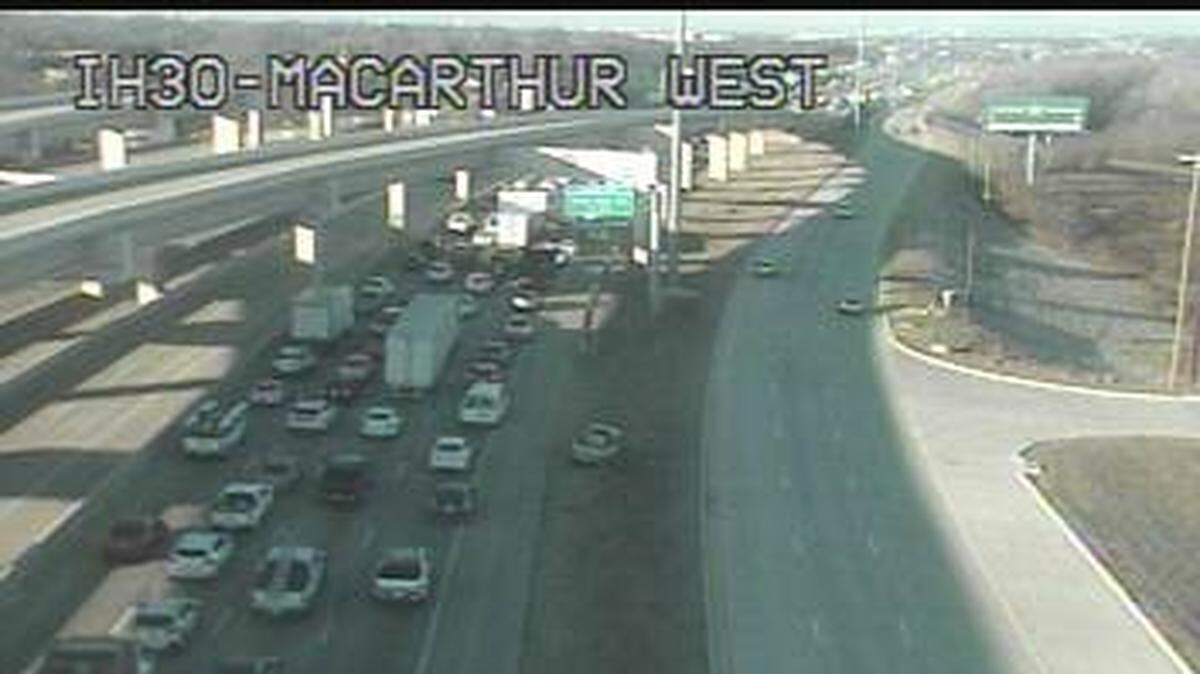 Traffic was backed up on I-30 west headed toward the scene of a fatal crash Monday, Jan. 23, 2023, in Grand Prairie. All lanes of westbound Interstate 30 were closed in Grand Prairie at Belt Line Road on Monday morning, according to the Texas Department of Transportation.