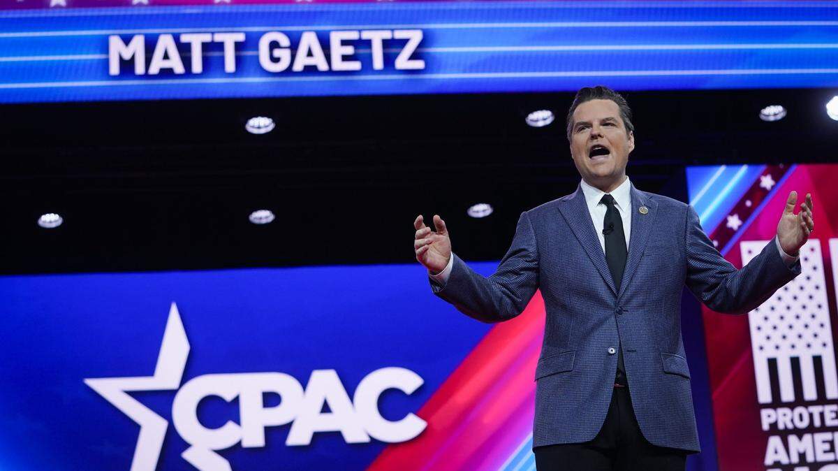 Mar 3, 2023; National Harbor, MD, USA; Congressman Matt Gaetz (R-FL) during the Conservative Political Action Conference, CPAC 2023, at the Gaylord National Resort & Convention Center on March 3, 2023. Mandatory Credit: Jack Gruber-USA TODAY