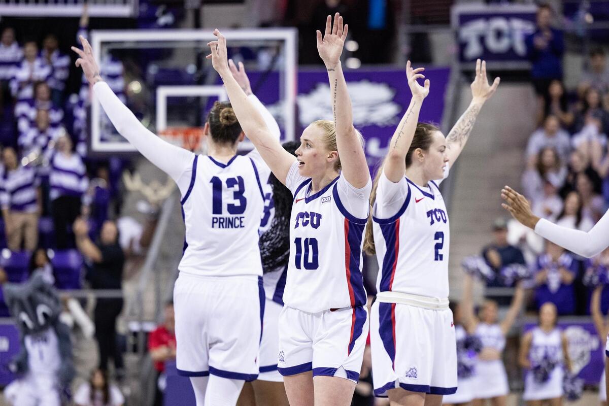 TCU senior Sedona Prince (13), Hailey Van Lith (10), and Madison Conner (2) wave goodbye to the crowd after substituting out at the end of the second half of an NCAA game between TCU and Houston at Schollmaier Arena in Fort Worth on Wednesday, Feb. 26, 2025.