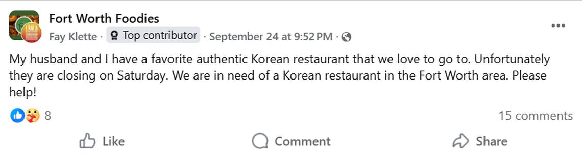 Fort Worth Foodies Facebook group members are sad to hear about Sam Won Garden’s closing.