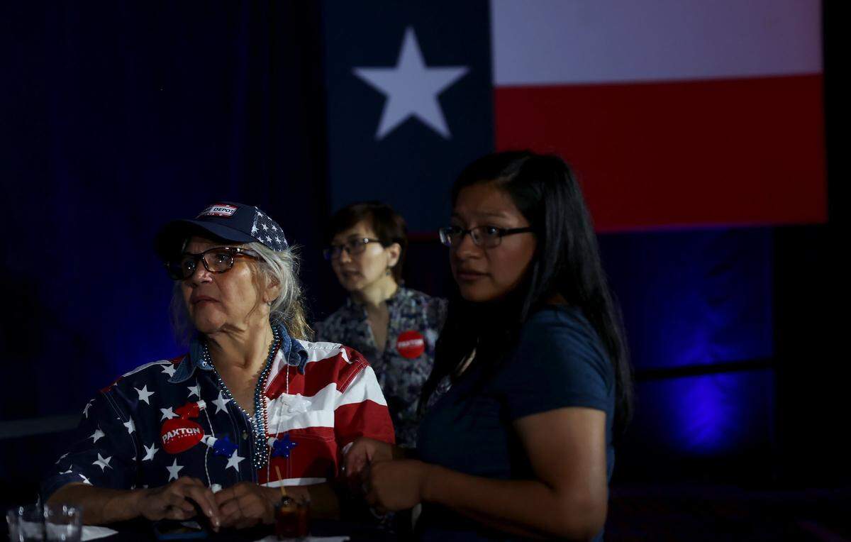 Ken Paxton supporters as election results begin to be reported on Tuesday, May 26, 2026, in Plano. Paxton is in a U.S. Senate primary runoff against incumbent Sen. John Cornyn.