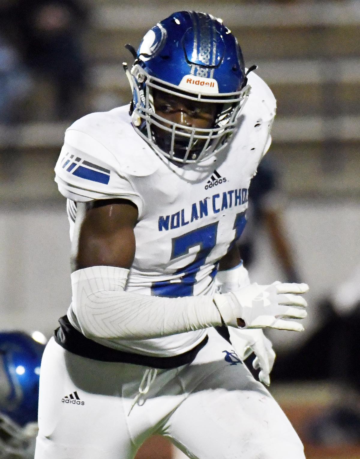 Nolan Catholic’s defensive end Nana Osafo-Mensah against All Saints during the first Half of Friday’s November 2, 2018 football game at McNair Stadium in Fort Worth, Texas. Special/Bob Haynes