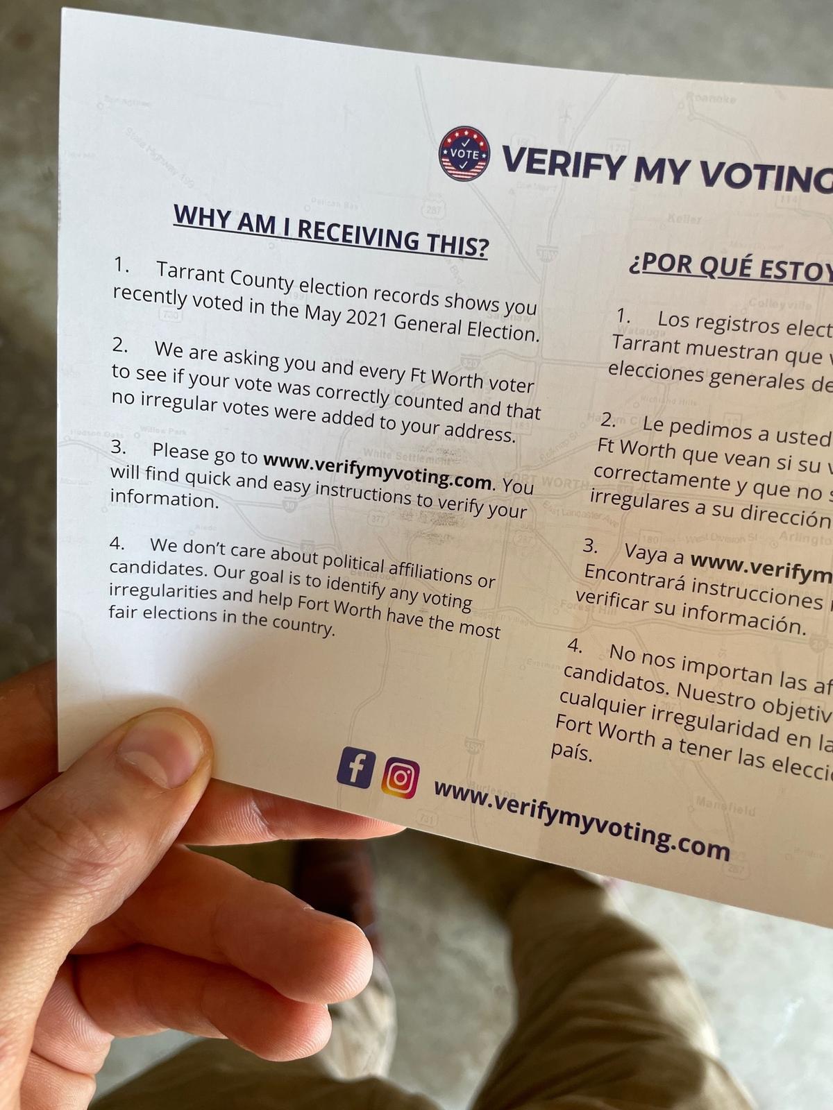 Some Fort Worth residents have received pamphlets asking them to verify their vote on a non-secure website and county officials are advising against it.&nbsp;