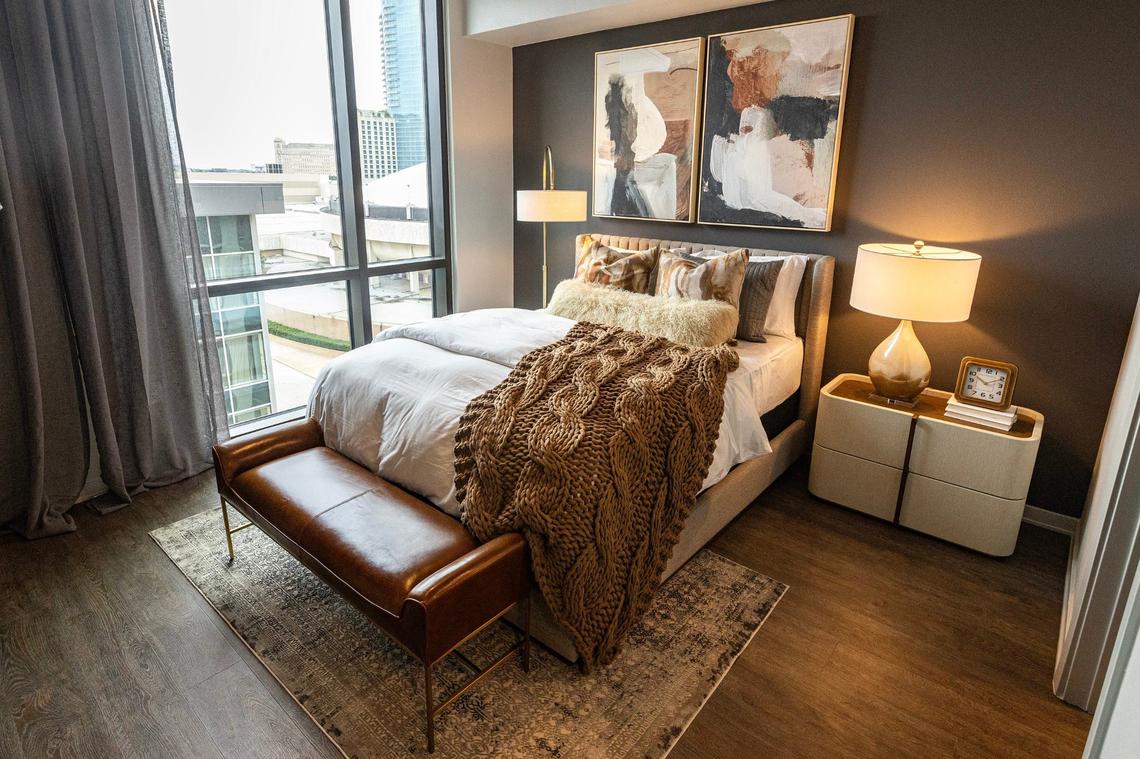 A model of the small to medium sized one bedroom, one bathroom apartment in the new Deco 969 High-Rise Apartments in downtown Fort Worth on Wednesday, July 17, 2024.