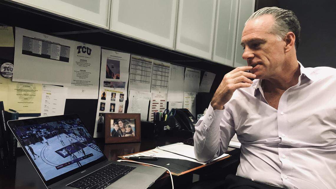 TCU men’s basketball coach Jamie Dixon watches game film from his team’s win over Winthrop. Despite the win, he sees countless mistakes that the average fan could never catch.