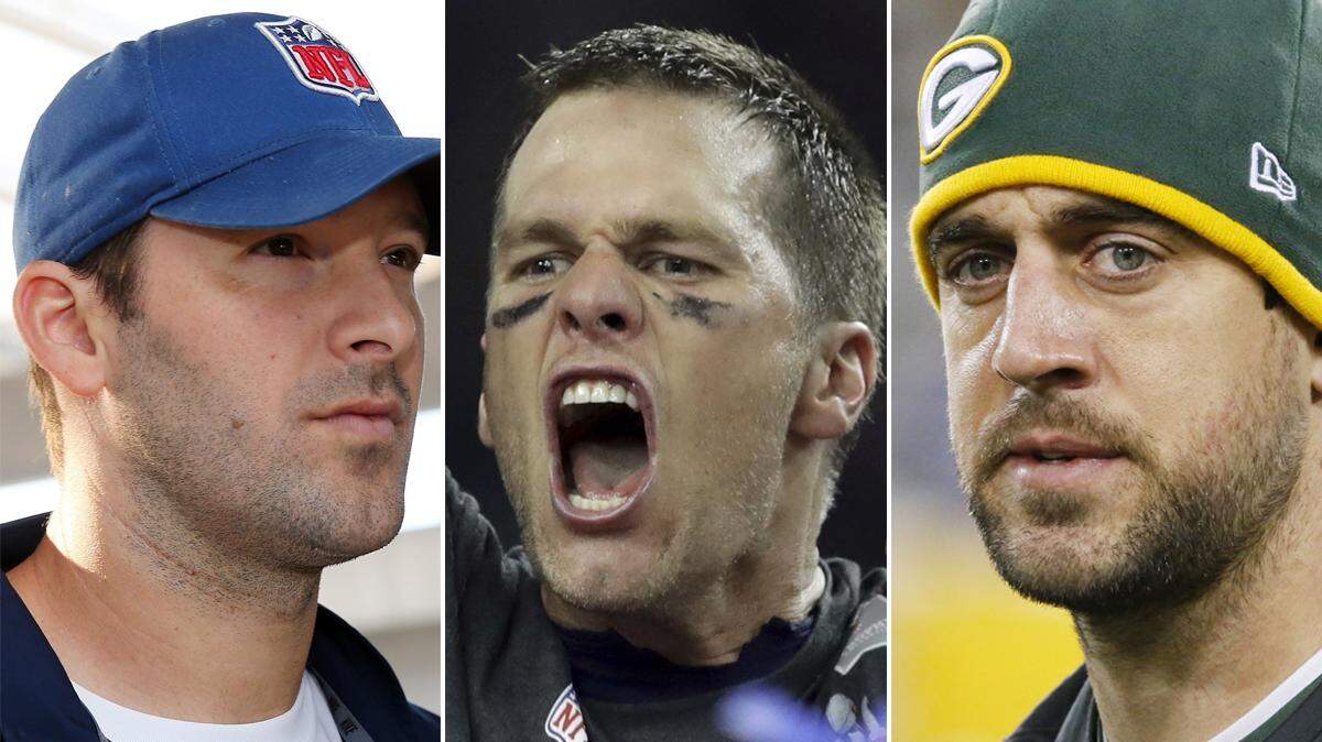 Former Cowboys quarterback Tony Romo is pictured with Patriots quarterback Tom Brady and Packers quarterback Aaron Rodgers in this composite photo.