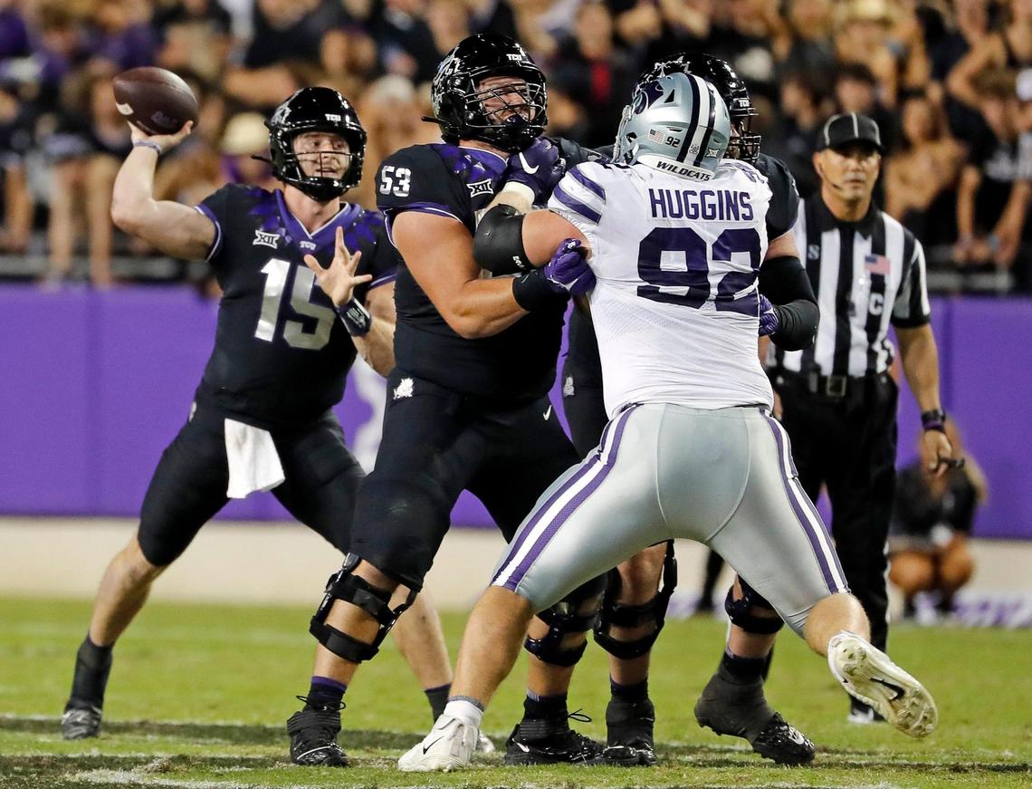 TCU quarterback Max Duggan (15) passes from behind protection in the first half of a NCAA football game at Amon G. Carter Stadium in Fort Worth, Texas, Saturday, Oct. 22, 2022. Kansas State led TCU 28-17 at the half. (Special to the Star-Telegram Bob Booth)