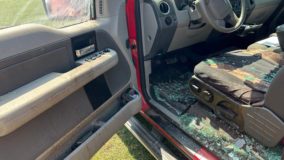 Attorneys say off-duty Fort Worth police Officer William Martin fired multiple shots through the driver’s side of Samuel Christopher’s vehicle following an alleged hit-and-run accident the afternoon of Sept. 3, 2024. This photo shows the damage to Christopher’s pickup truck. Christopher told police he wasn’t even aware of the initial accident that led to his shooting.